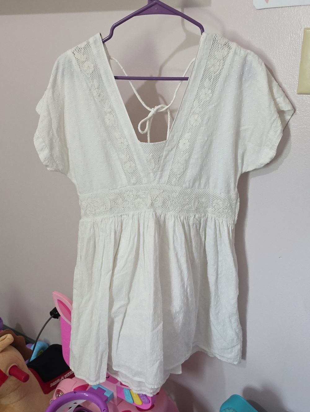 Shyanne White V-Neck Lace-Trim Peasant Dress